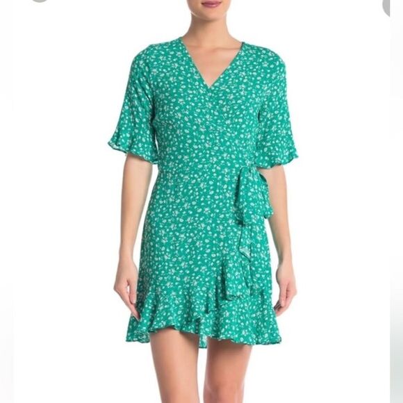 Elodie Green Floral Faux Wrap Dress With Tie Sz M - Picture 1 of 15